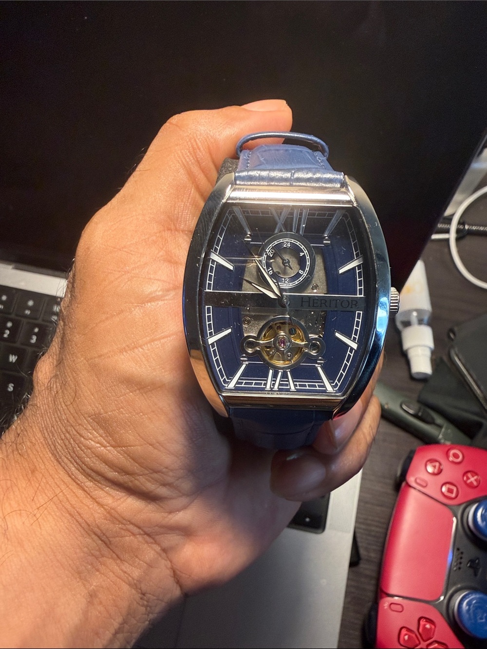 Blue Heritor Automatic Skeleton Dial Men's Watch with Leather Strap